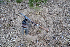 Hunting spring still life in the woods.