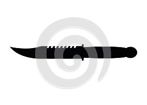 Hunting steel knife with wooden handle, concept simple black vector illustration, isolated on white. Self defense melee weapon,