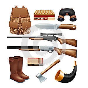 Hunting tackle and equipment icons set