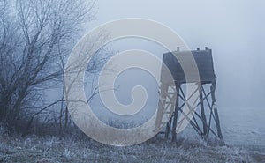 Hunting tower on the edge of the forest