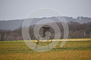 Hunting tower in a forest hunter wild hide wooden high watch post tower. Observation point of a hunter in a forest in Europe.