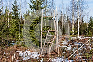 Hunting tower standing in forest on winter day