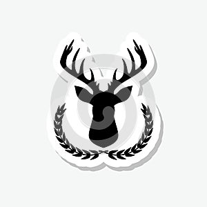 Hunting trophy. Deer head with big antlers in laurel wreath sticker isolated on gray background