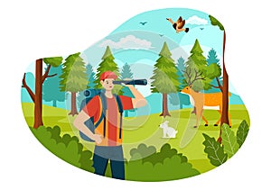 Hunting Vector Illustration with Hunter Rifle or Weapon for Shooting to Birds or Wild Animals in the forest on Flat Cartoon