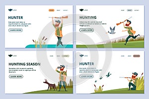 Hunting web pages. Hunter with gun, dog, ducks vector banners