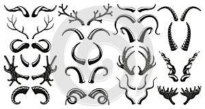 Hunting wild animals, deer, goat horns antlers silhouettes. Moose, deer, ram, goat, bison horns black silhouette vector