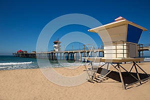 Huntington beach Pier Surf City USA with lifeguard tower