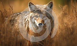 The Huntress Photo of coyote captured in its natural habitat stealthily prowling through a field of tall grass with its keen