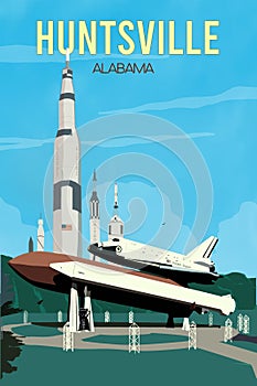 Huntsville Alabama travel poster with rocket space center illudtration