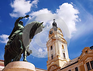 Hunyadi statue and Clock Tower, PÃ©cs, Hungary