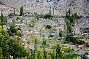 View of village and fields in Hunza Valley northern Pakistan