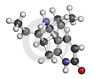 Huperzine A alkaloid molecule. 3D rendering. Atoms are represented as spheres with conventional color coding: hydrogen white,.