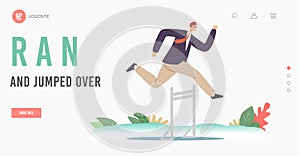 Hurdle Jump Landing Page Template. Successful Leader Business Man Character Running Race on Stadium Jumping over Barrier