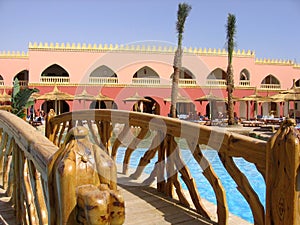 Hurghada, Egypt - March 20, 2020: a beautiful general view of the hotels in Hurghada, pool, umbrellas, sun loungers. Beach holiday