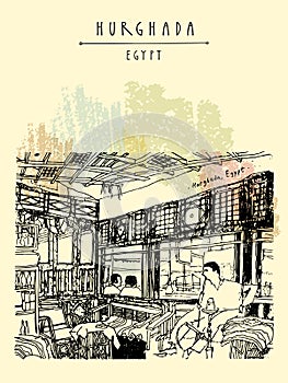 Hurghada, Egypt, North Africa. People smoking hookah in a cafe. Travel sketch. Vertical vintage style touristic poster, postcard