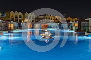 Hurghada, Egypt. November 19 2018 luxury resort with pool at night view. hotel outdoor landscape with pool. Night pool side of