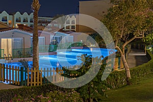 Hurghada, Egypt. November 19 2018 luxury resort with pool at night view. hotel outdoor landscape with pool. Night pool side of