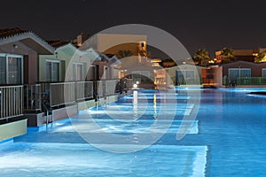 Hurghada, Egypt. November 19 2018 luxury resort with pool at night view. hotel outdoor landscape with pool. Night pool side of