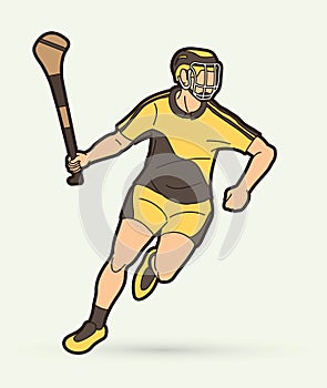 Hurling sport player action. Irish Hurley sport cartoon graphic vector. photo