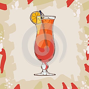 Hurricane cocktail illustration. Alcoholic bar drink hand drawn vector. Pop art