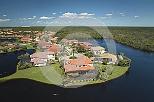 Hurricane Ian flooded houses in Florida residential area. Natural disaster and its consequences