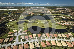 Hurricane Ian flooded houses in Florida residential area. Natural disaster and its consequences