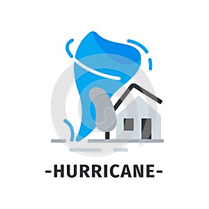 Hurricane icon with blue violent wind whirl, gray house with broken roof and tree. Natural disaster. Flat vector