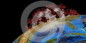 Hurricane Laura and Coronavirus with visible Earth from Space. Elements of this 3d illustration are furnished by NASA