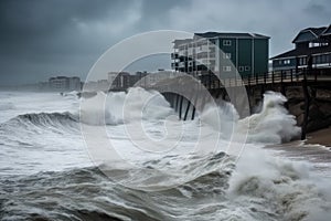 hurricane with powerful winds and driving rain battering against the shore