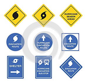 Hurricane road signs, danger alert vector symbols