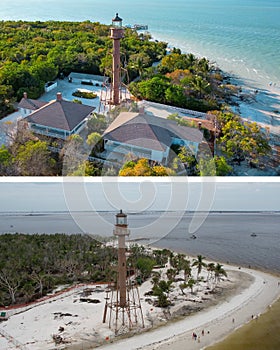 Hurricane on Sanibel Island Beach FL. Florida before and after hurricane. Beach, houses totally destroyed.