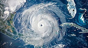 Hurricane spinning in the ocean. Damage and devastations caused by hurricanes and climate change