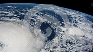 The hurricane storm over the ocean., satellite view.