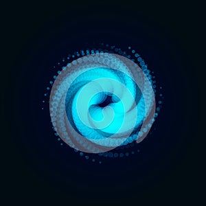 Hurricane, swirl, abstract spiral shape of circles , blue vector illustration on black background.