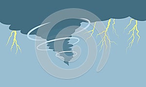 Hurricane and tornado with lightning on the background of the dark sky. flat vector