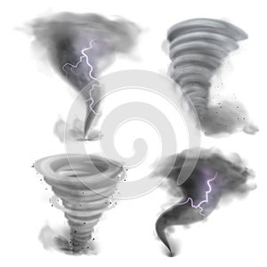 Hurricane vortex. Realistic tornado, 3D twister storm with lightning bolt. Whirlwind air funnels set. Natural disaster.