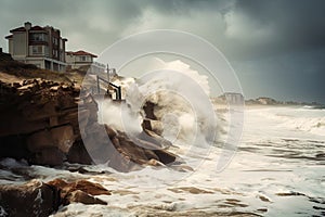 hurricane, with waves crashing against the shore, bringing destruction and flooding