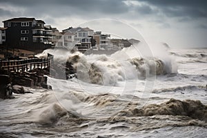 hurricane, with waves crashing against the shore, bringing destruction and flooding