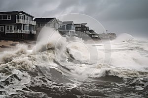 hurricane, with waves crashing against the shore, bringing destruction and flooding