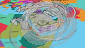 Hurricane or windstorm forecast animation on world map as seen on weather radar and satellite screen.