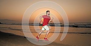 hurry up. endurance and stamina. active sprinter. sport athlete run fast to win in sea sunset.