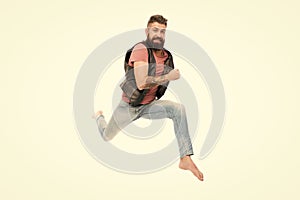 Hurry up. Guy happy cheerful face having fun run jumping. Life in motion. Man bearded guy run away. Always in motion