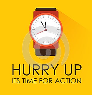 Hurry Up, Its Time for Action Concept. Stopwatch clock ticking on yellow background.