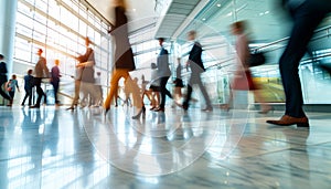 hurrying business people in an office building, motion blur effect