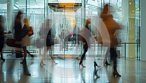 hurrying business people in an office building, motion blur effect