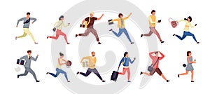 Hurrying people. Cartoon people late for work, men and women characters in casual clothes running and jogging. Vector