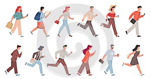 Hurrying people. Flat male and female characters, running citizens in casual clothes, simple workers and students late, busy men