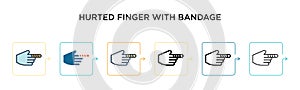 Hurted finger with bandage vector icon in 6 different modern styles. Black, two colored hurted finger with bandage icons designed