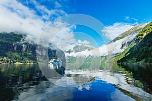 Hurtigruten cruise liner sailing on the Geirangerfjord, one of the most popular destination in Norway