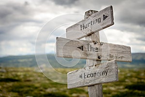 hurting the economy text on wooden signpost outdoors in nature.